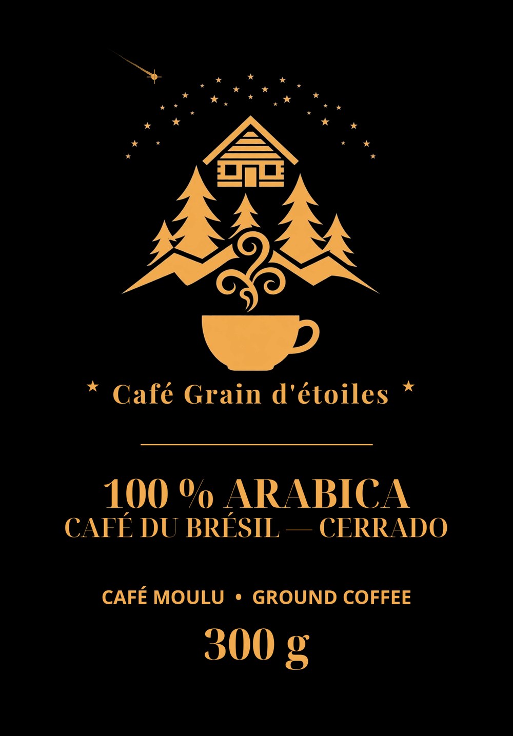 Sac Café Grain d'étoiles — café moulu 300 g, étiquette noire et dorée